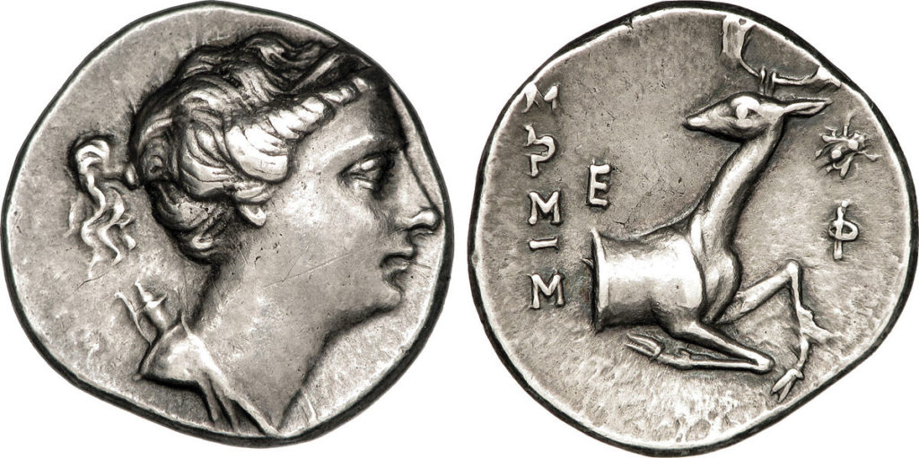 Side 1: the head of Artemis, a young woman with hair tied back. Side 2: a leaping stag.