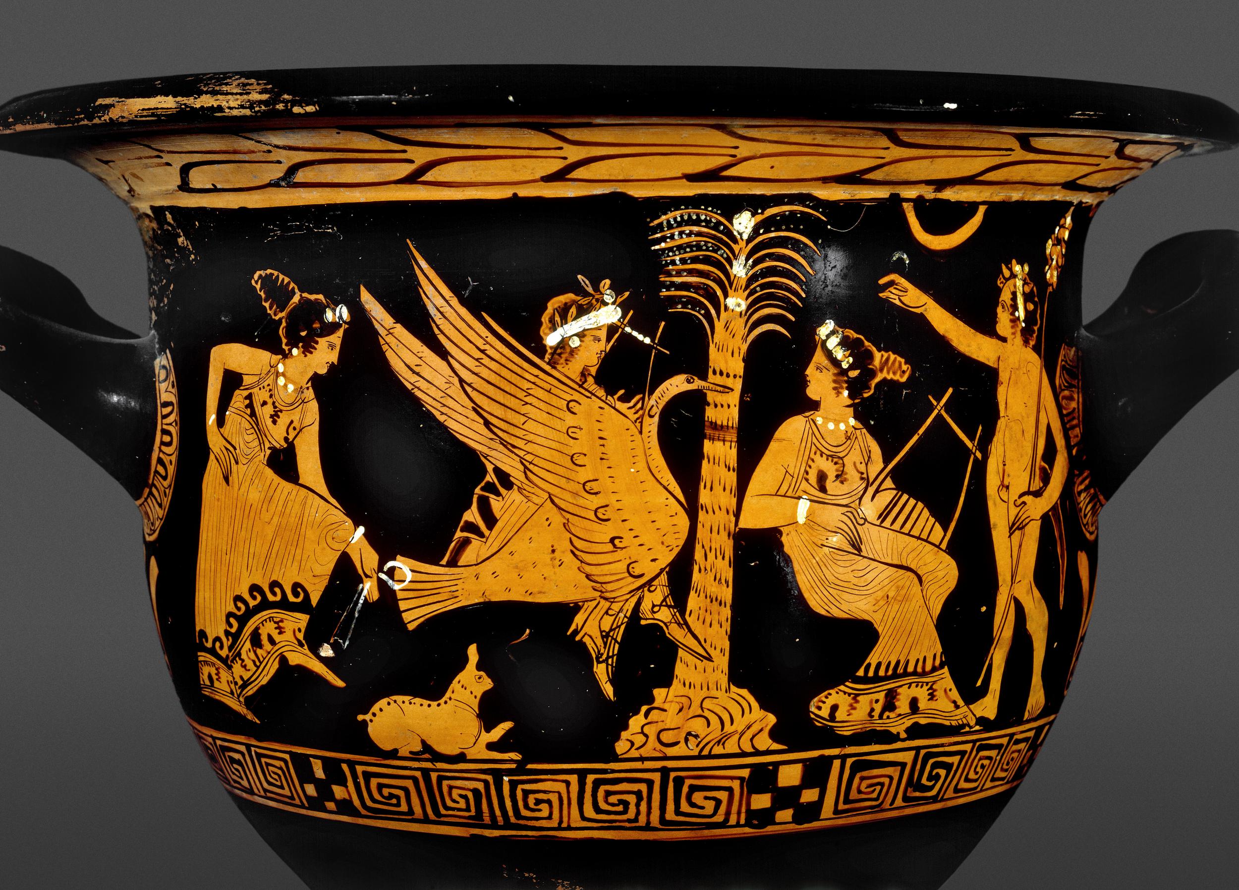 Apollo rides a flying swan. On either side of him are women, one dancing and one playing music under a tree. A satyr stands to the side holding a staff.