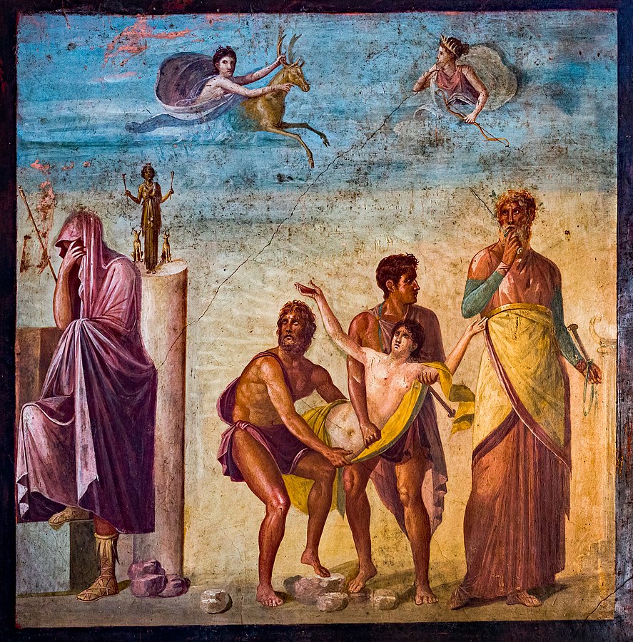 Two servant men carry a struggling nude Iphigenia, in Agamemnon's wake. To the left, a veiled woman mourns. Above in the sky, two goddess figures bring a deer.