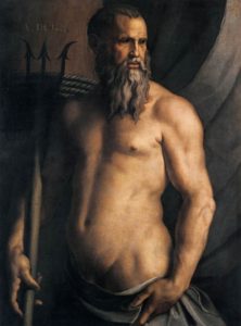 Andrea Doria stands in front of a dark nautical background. He is bearded and nude, with a cloth modestly covering his genitals. He holds a trident in his right hand.