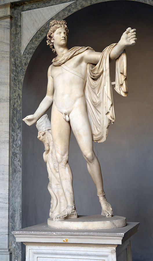 Apollo, youthful with curly hair, stands with one arm raised. He has just shot an arrow, but the bow itself has not been preserved. He is nude, but wears sandals, as well as a chlamys cloak draped over his shoulders.
