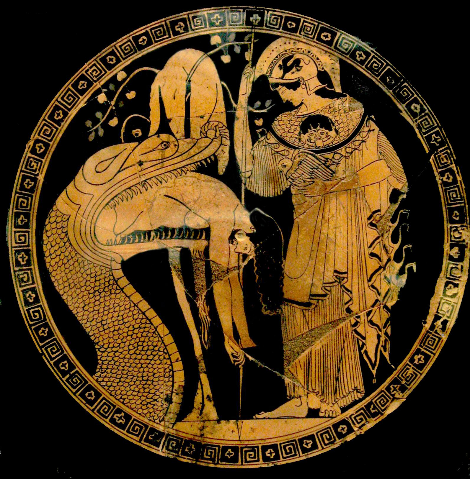 Jason hangs limply from the mouth of a dragon, with the Golden Fleece hanging from a tree in the background. Athena stands over Jason, wearing a battle helmet, and holding a spear and an owl.