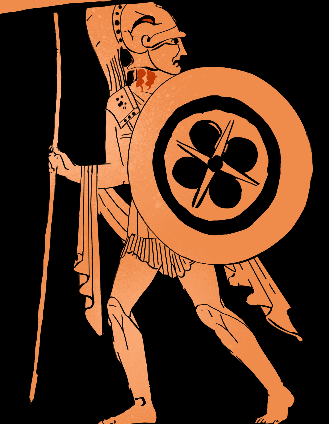 Ares walking, his head turned back over his shoulder to look at Pandora (out of frame). He is wearing Greek hoplite armour and a plumed helm, and carrying a circular shield and a spear.
