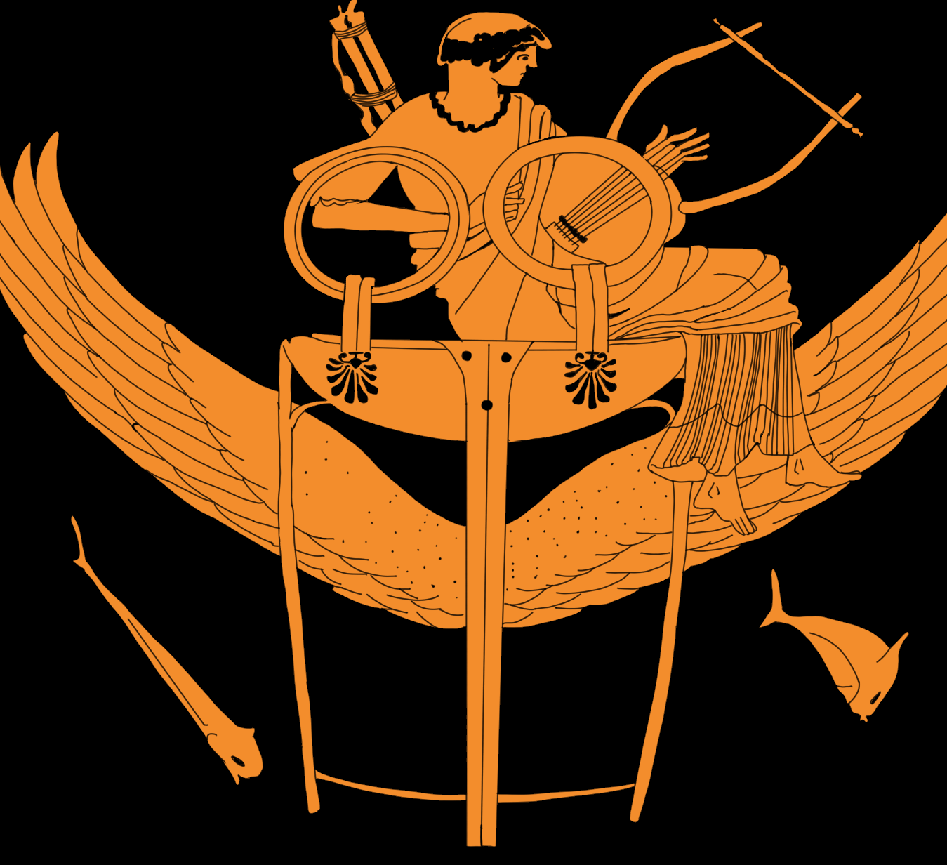 Apollo sits on a winged tripod. He is holding a lyre, and has a bow and quiver strung over his back. Below him, dolphins leap from the sea.