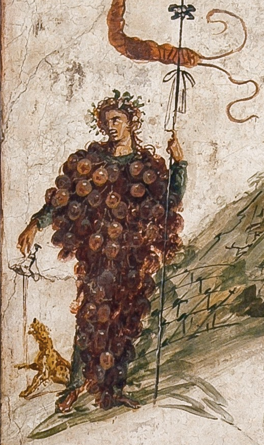 Dionysus, dressed to resemble a bunch of grapes. He holds a thyrsos in on hand and pours a libation from the other. A small leopard frolics at his feet.