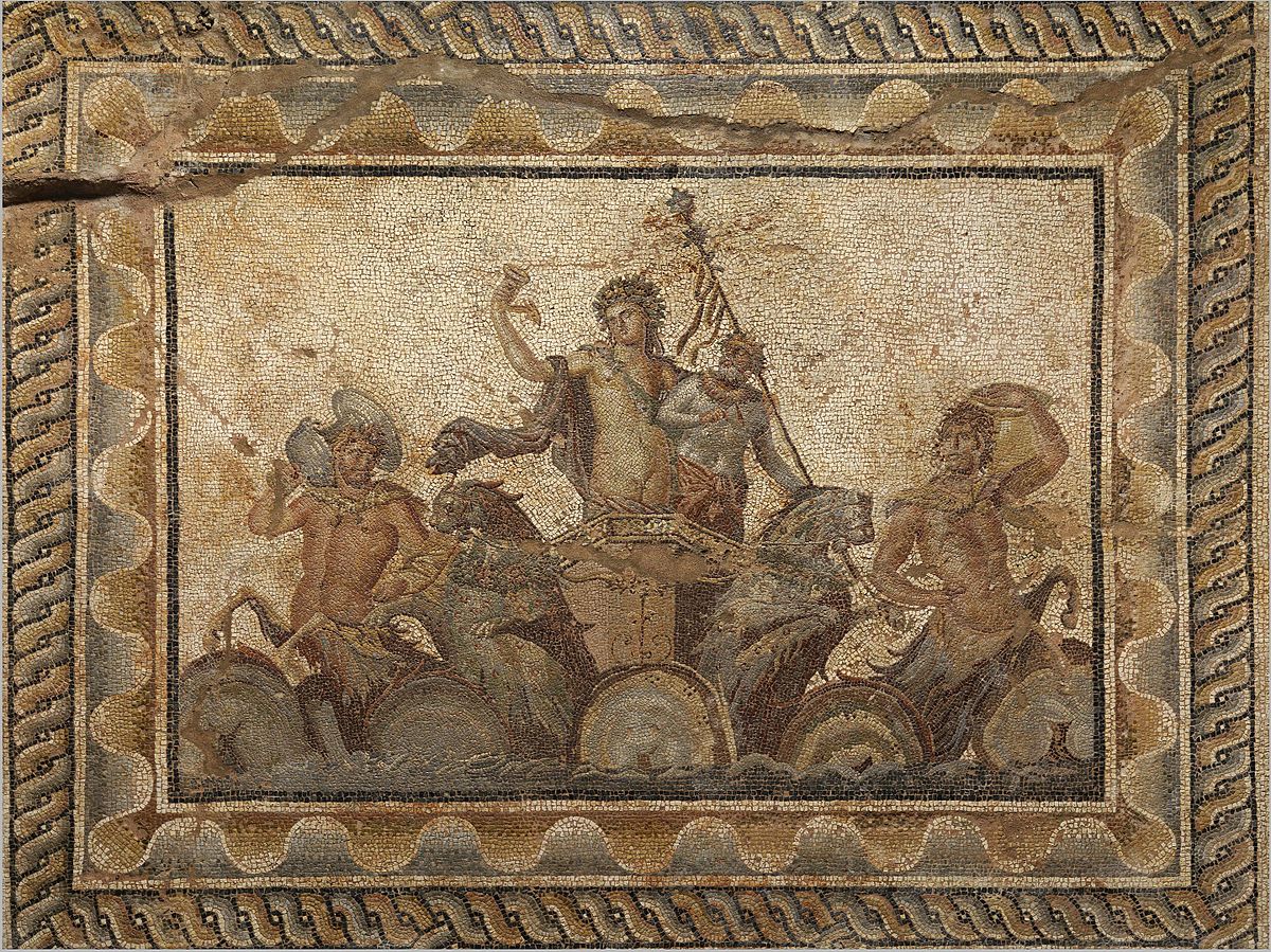 Bacchus stands in a chariot pulled by two panthers. An old Silenus stands beside Bacchus. On either side of the chariot are two centaurs, each carrying a large vessel on their shoulder.