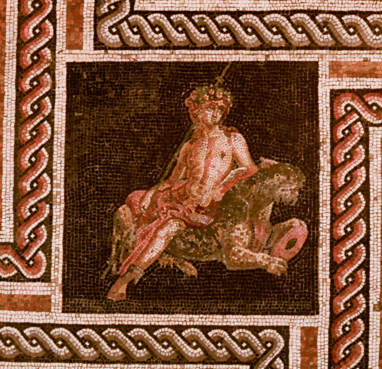 Bacchus, in the nude wearing a crown and holding a thyrsos, rides a panther. Around the image of Bacchus are elaborate red and black geometric patterns.