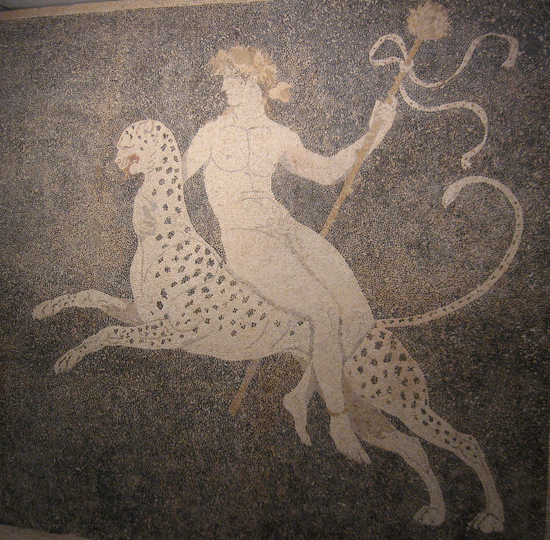 Naked youthful Dionysus, holding a thyrsos and wearing a crown of vines, rides on a leaping leopard.