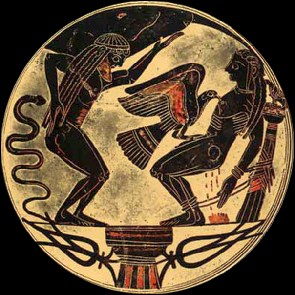 Prometheus crouches, his hands and feet tied to a post. An eagle sits on his legs and pecks at his chest, and blood drips down. To Prometheus' left stands Atlas, holding a dark oval representing the world. A small snake slithers behind Atlas.