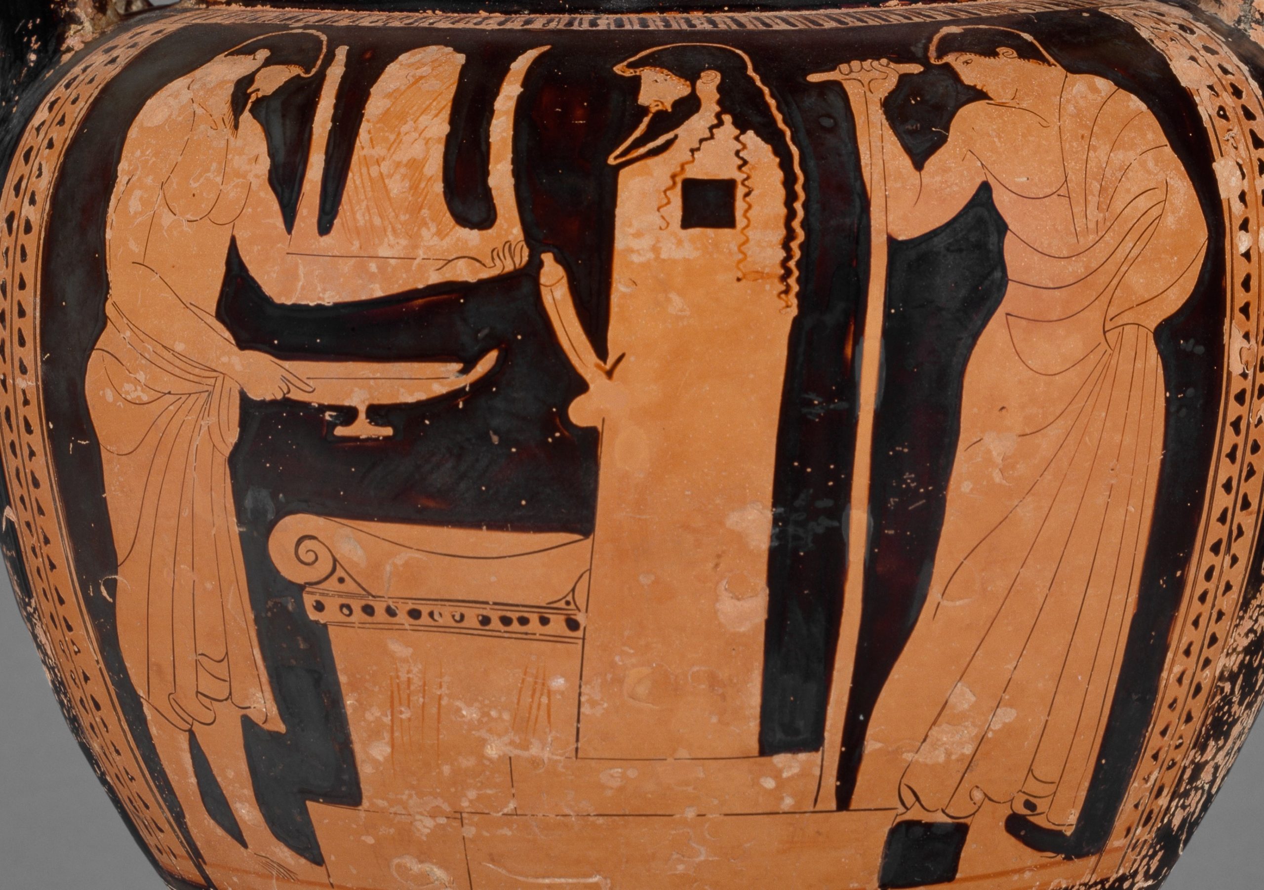 An altar before a herm. to the left of the altar, a man makes offerings of a cup and basket. To the right stands another man with a staff.