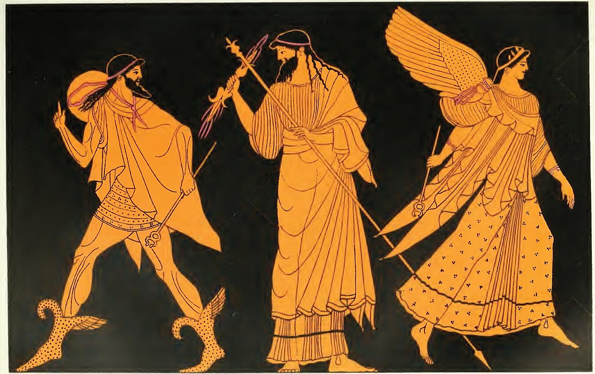 Zeus, with a scepter and thunderbolt, dispatches his messengers. To Zeus' left is Hermes, a bearded man in a cloak, while to the right is Iris, a winged woman.
