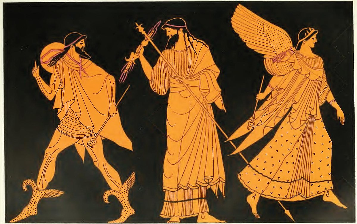 Zeus, with a scepter and thunderbolt, dispatches his messengers. To Zeus&#039; left is Hermes, a bearded man in a cloak, while to the right is Iris, a winged woman.