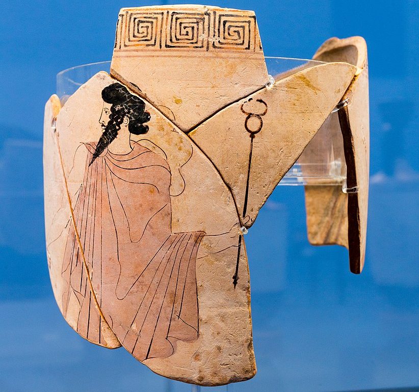 Fragmentary image of bearded Hermes with a scepter and chlamys.