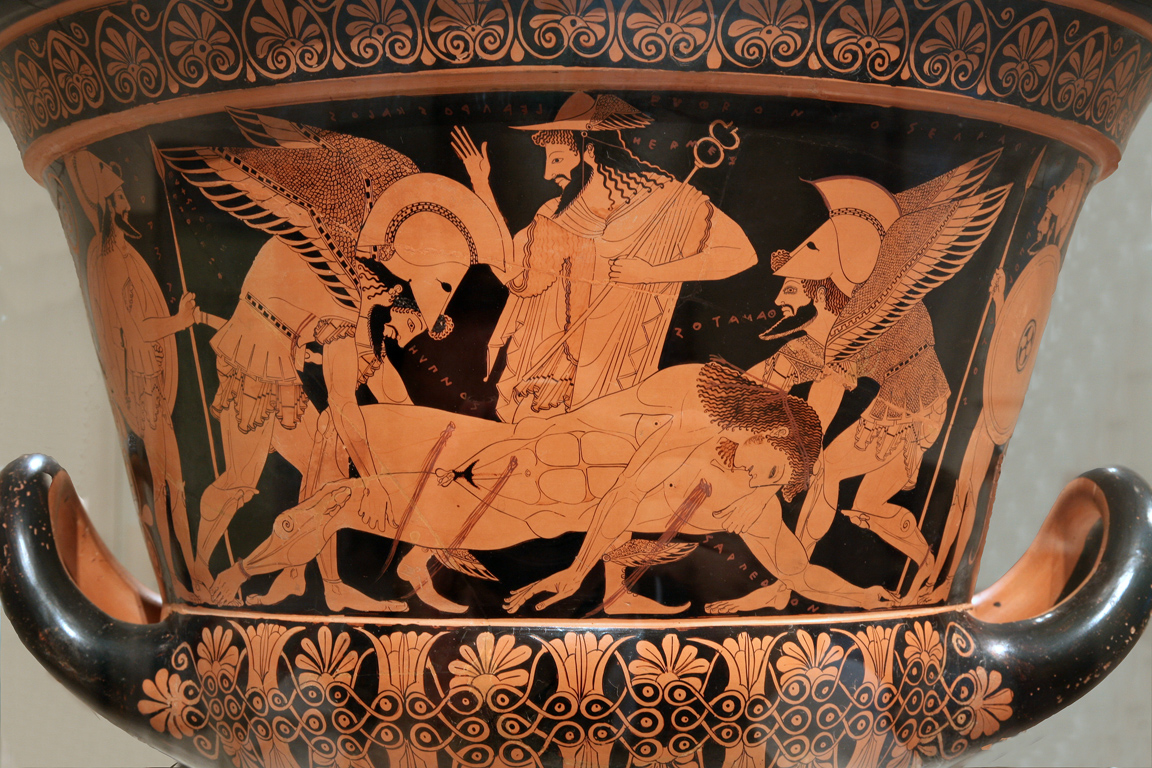 Hermes, bearded and carrying a scepter, stands over the dead and bleeding body of Sarpedon. On either side are Thanatos and Hypnos, winged men with war helms, picking up Sarpedon's body.