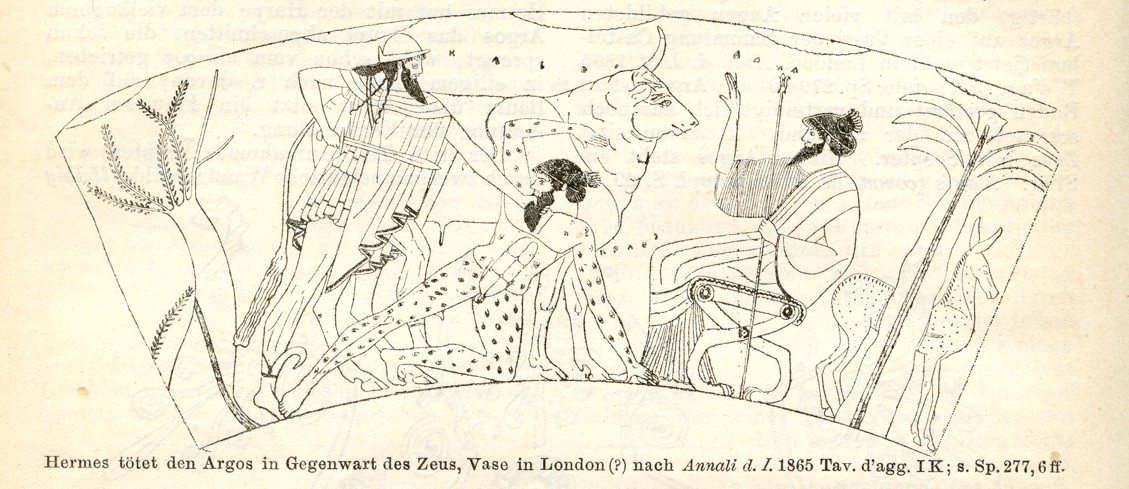 Argus, naked but with eyes all over his body, is fallen to one knee. Hermes stands above him, grabbing him by the beard in one hand and lunging with a sword in the other. Zeus sits by and watches, and the cow Io stands behind the scene.