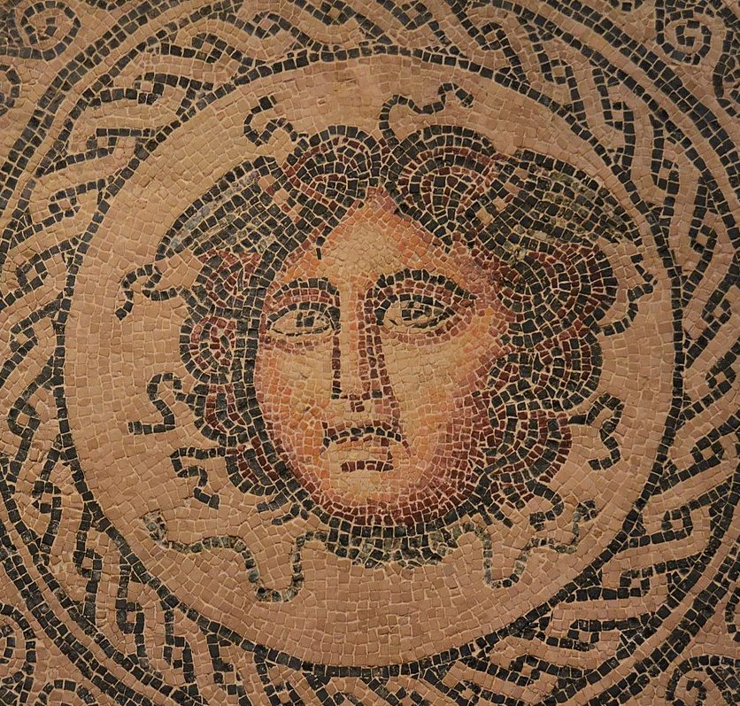 Head of Medusa, a woman with tiny snakes for hair and a small pair of wings sprouted from the top of her head.