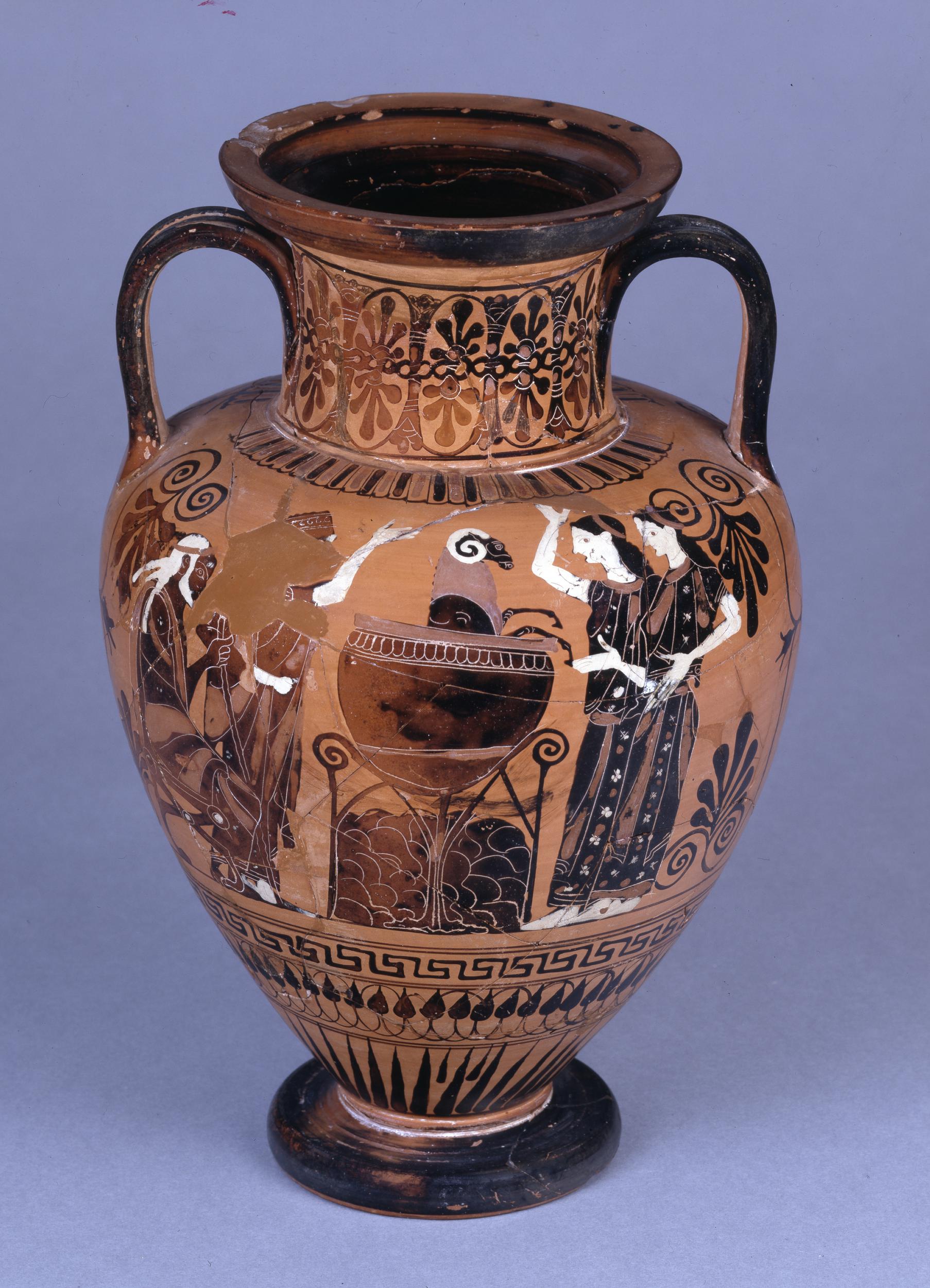 The head and front legs of a ram emerge from a cauldron. Medea and a seated old man are to the left of the cauldron, and two identical young women, the daughters, stand to the right.