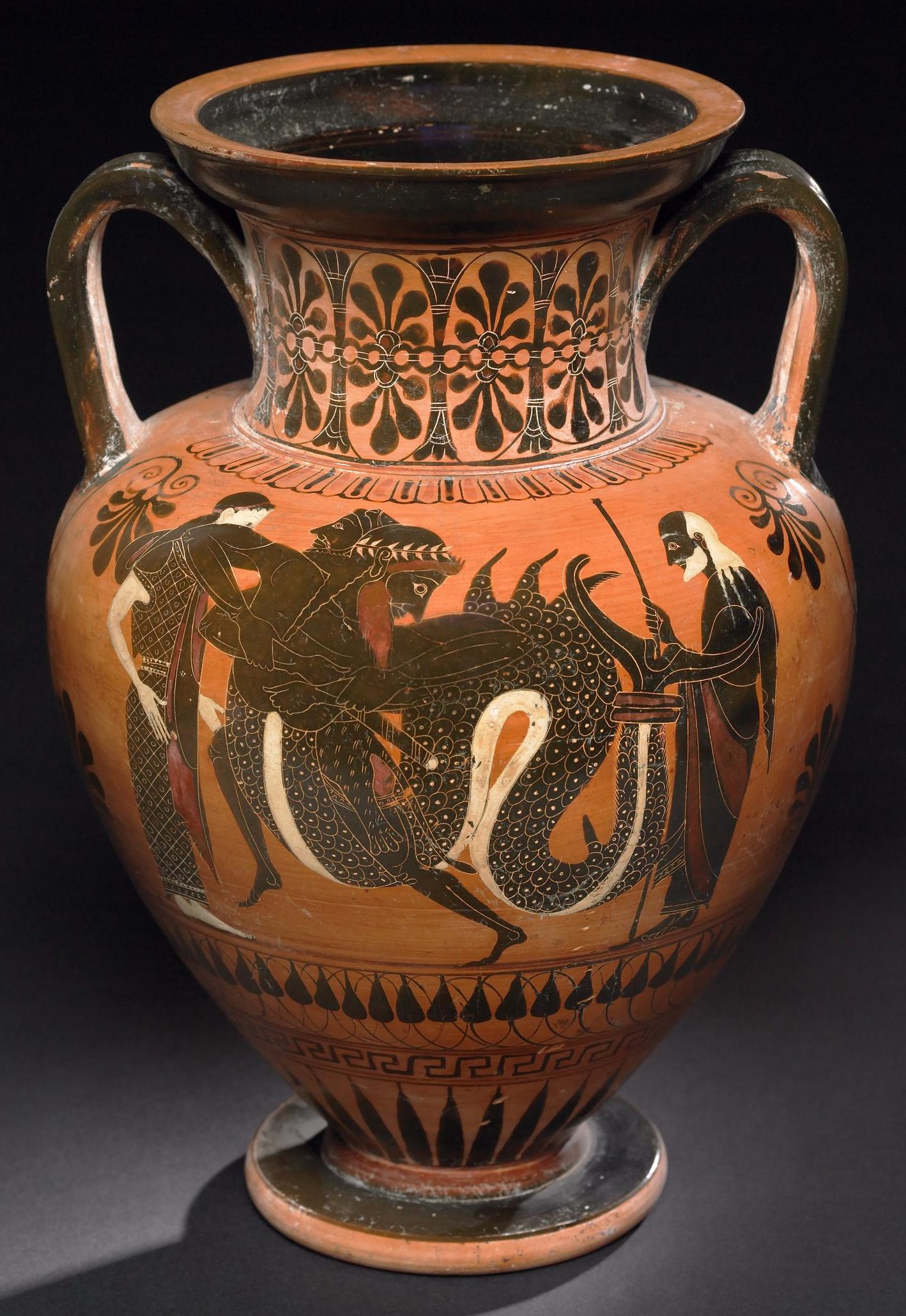 Heracles with his arms wrapped around Triton as the two wrestle. To the right stands Nereus, an old man with a white hair and beard, and to the left is another man.