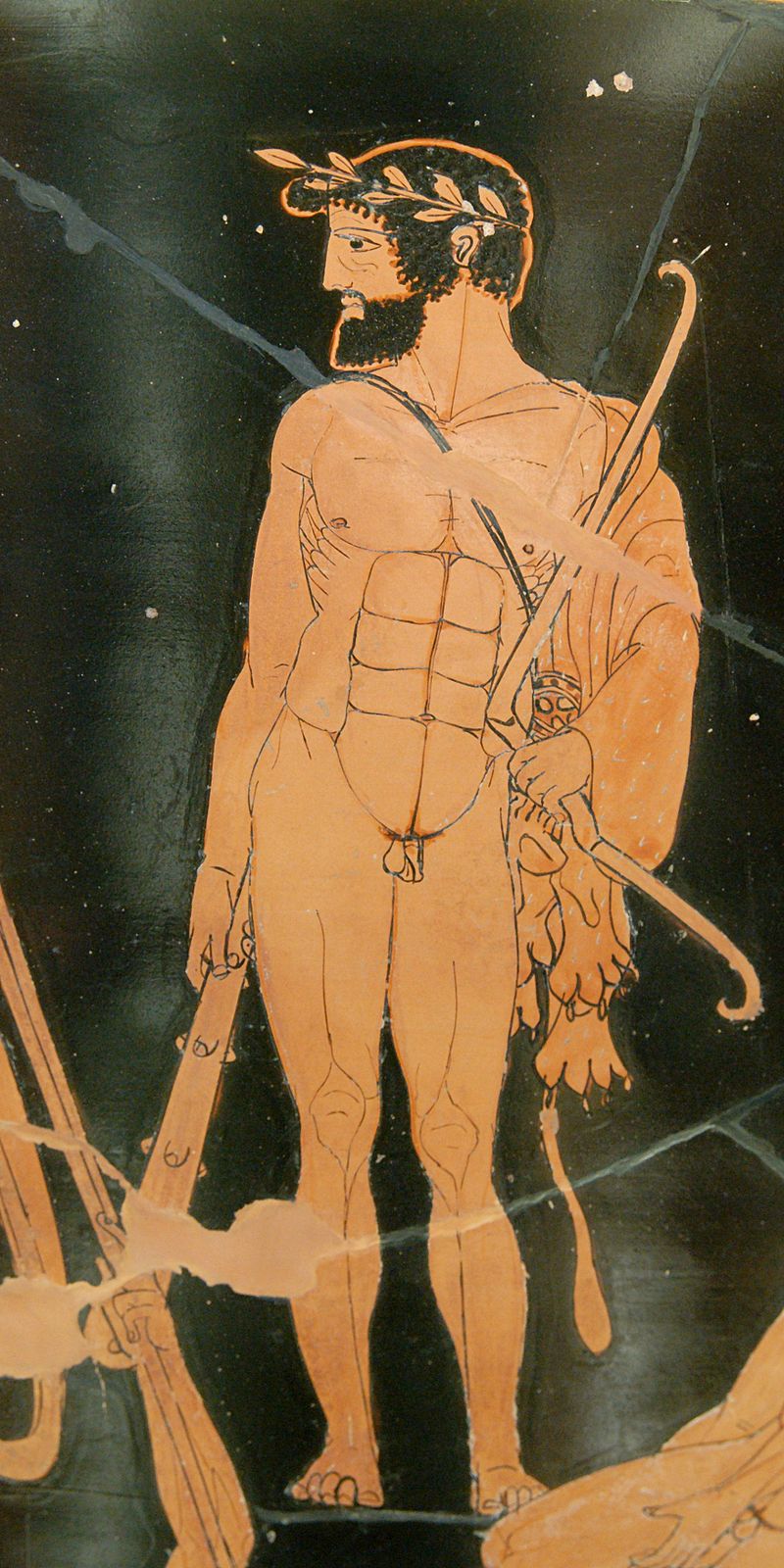 Heracles, standing nude except his lion skin and a laurel crown. He holds a bow in one hand and a club in the other.