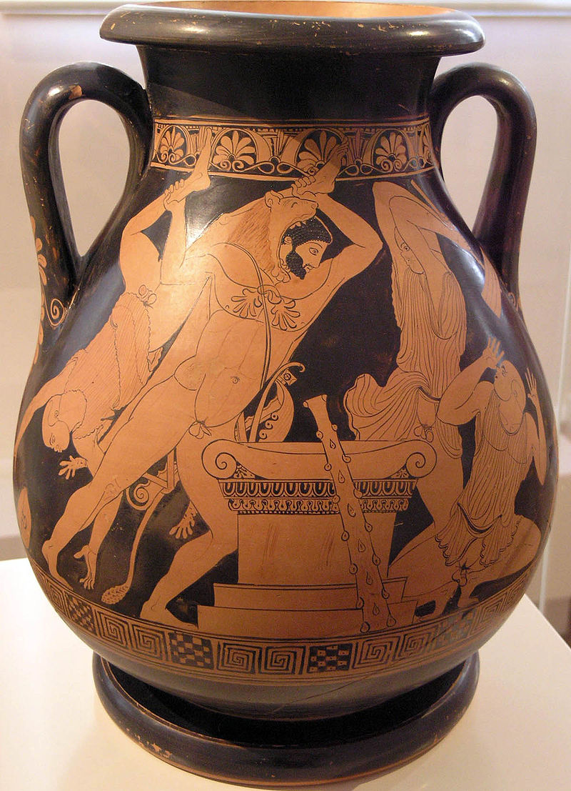 Heracles stands beside an altar, throwing Busiris over his shoulders. Two of Busiris' attendants cower before Heracles, one of them holding an axe.