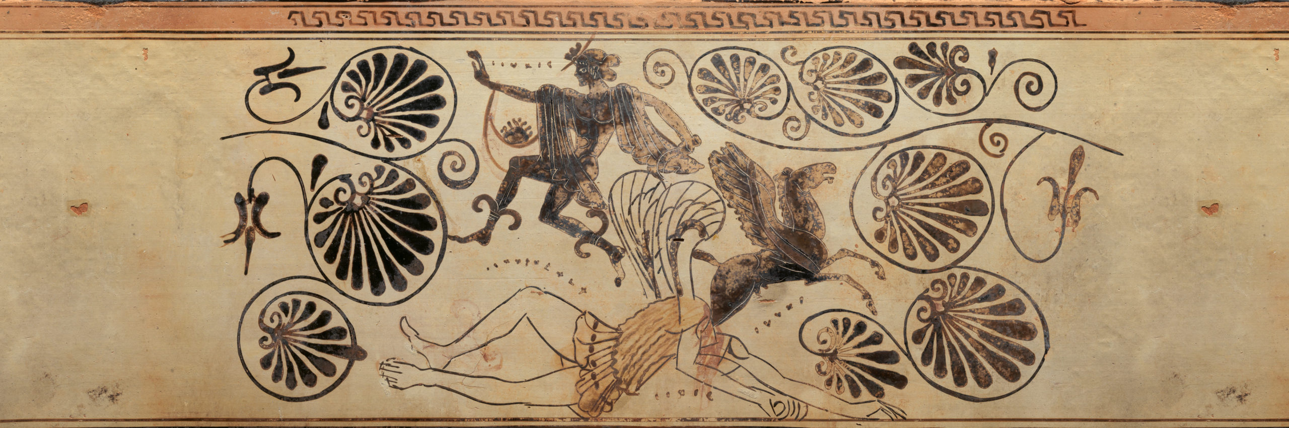 The headless body of Medusa lies on the ground. The winged horse Pegasus emerges from her neck. Perseus flies away from the scene.