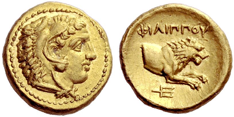 Side 1: the head of Philip of Macedonia wearing a lion skin cap. Side 2: the front half of a running lion.