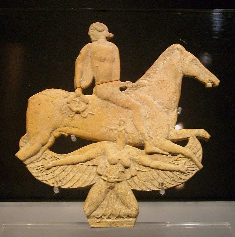 Perseus riding a horse, holding the head of Medusa in one hand. Below him is the body of Medusa, a winged woman, with the torso of Chrysaor emerging from her neck.