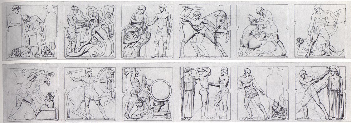 Reconstructed tracings of twelve images, each depicting one of the twelve labours.