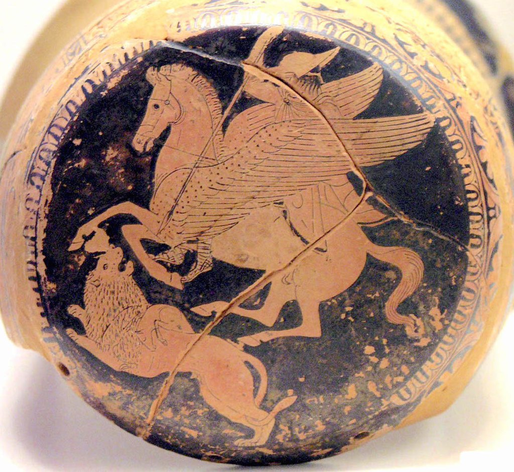 Bellerophon, wearing a petasos hat and holding a spear, rides Pegasus. The Chimera, lion-like, looks up at him.