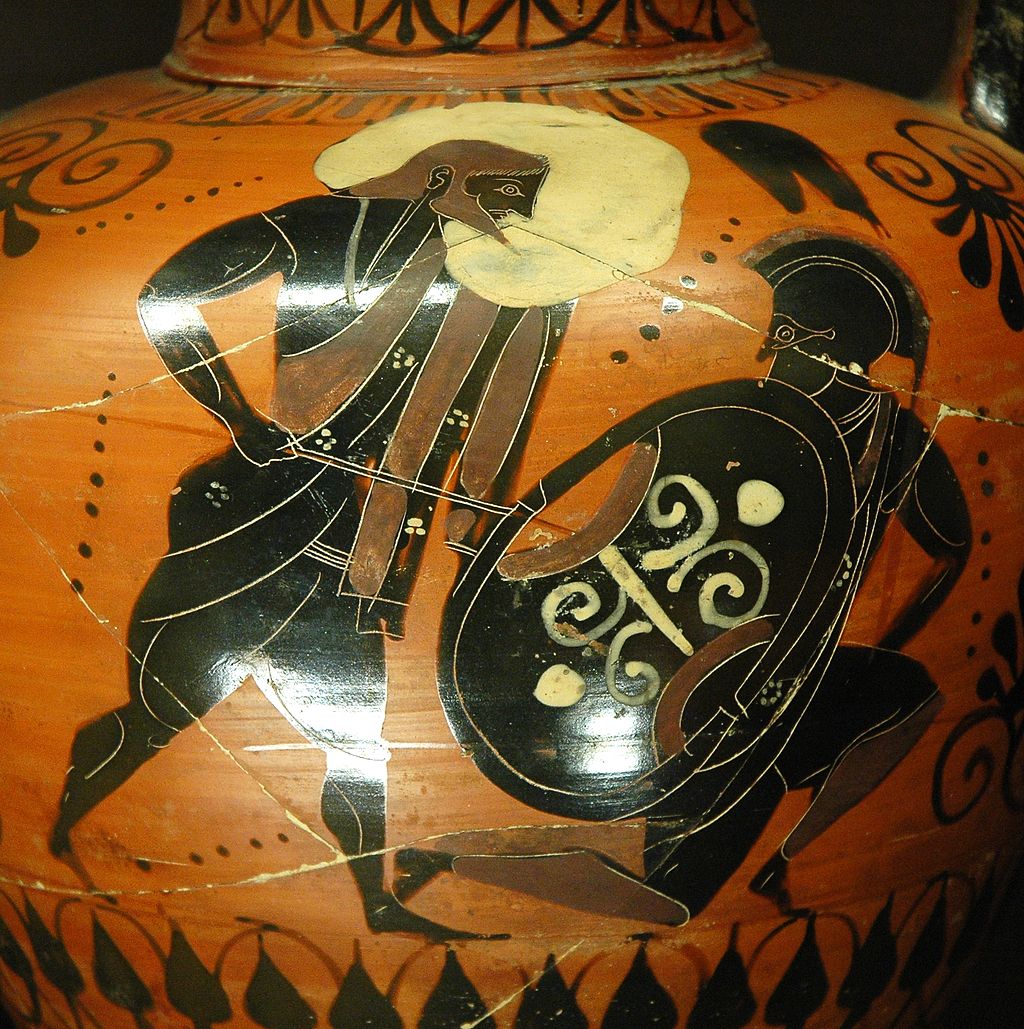 Poseidon lunges at Polybotes with a spear. Polybotes, holding a shield and wearing a helm, is down on one knee.
