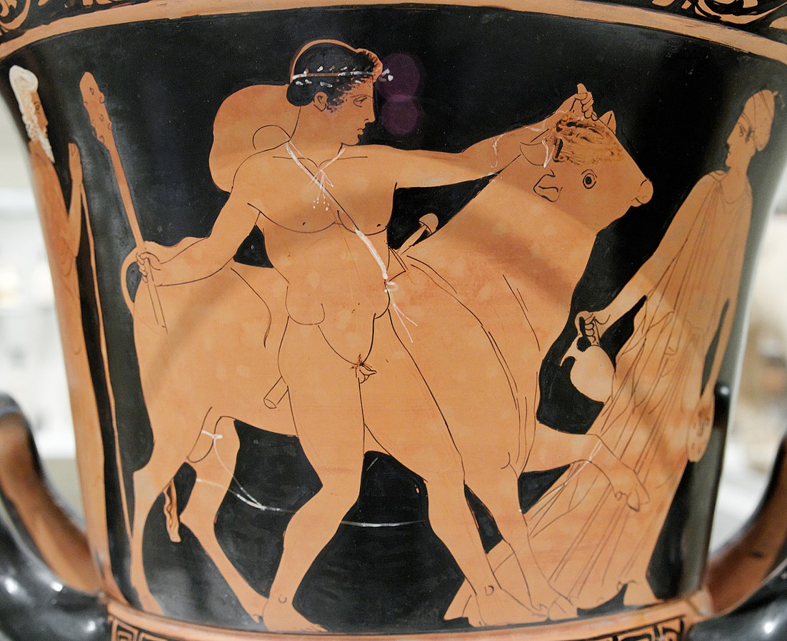 Theseus, a naked mad with a sword, laurel crown, and club, leads a bull by the horns. A woman walks in front of them, and an elderly bearded man walks behind.