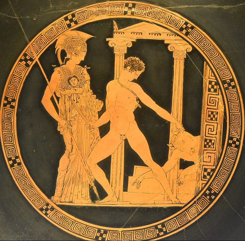 Theseus, nude and holding a sword, drags the minotaur by the horn out of the columns of the labyrinth. Athena, with helm, spear, and aegis, stands beside Theseus.