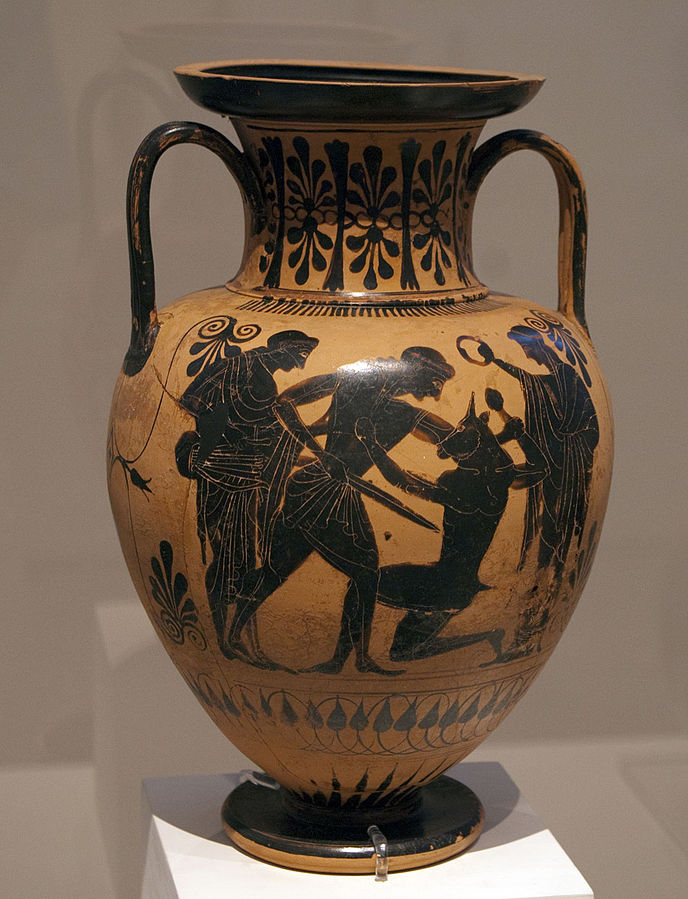 Theseus, with a sword and crown, lunges at the minotaur. The Minotaur is down on one knee. On either side stand youths, robed.