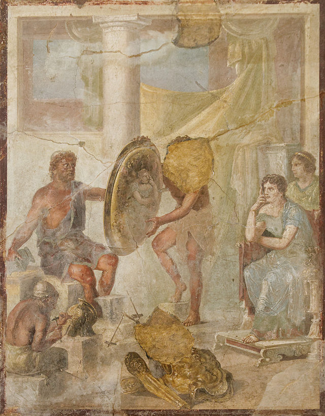 Vulcan, seated, holds a large polished shield. A man in a loincloth helps him hold it, and another man sits by and hammers a helmet. On the right, Thetis and another figure sit and wait for the armour.