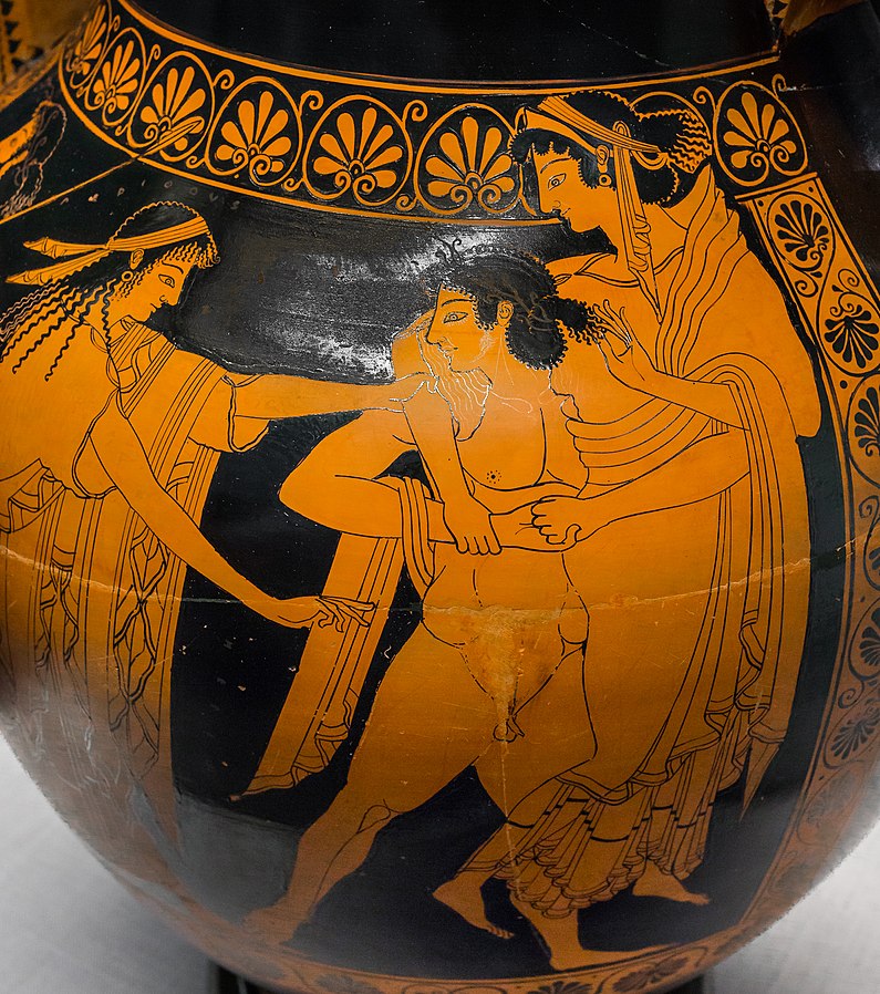 Theseus, nude, carries Helen, a richly-robed woman with earrings and a crown. Another woman chases after and tries to stop them.