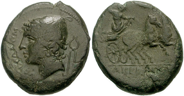 Side 1: Head of Vulcan, wearing a hat, and with a pair of tongs. Side 2: Jupiter in a chariot pulled by 2 horses.