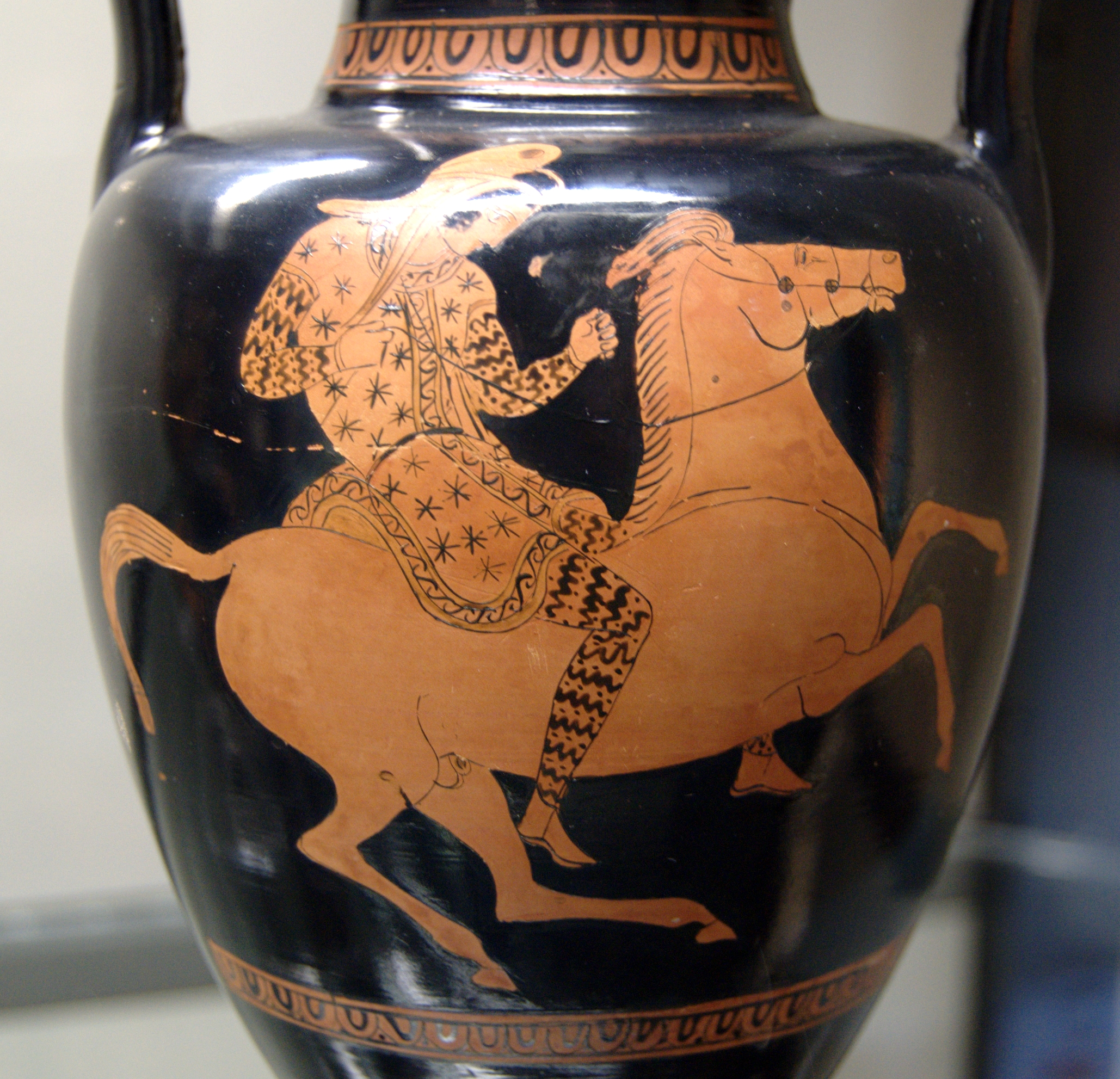 An Amazon riding a horse. She wears a helm and tunic, and her arms and legs are covered in zig-zag tiger-stripe patterns.