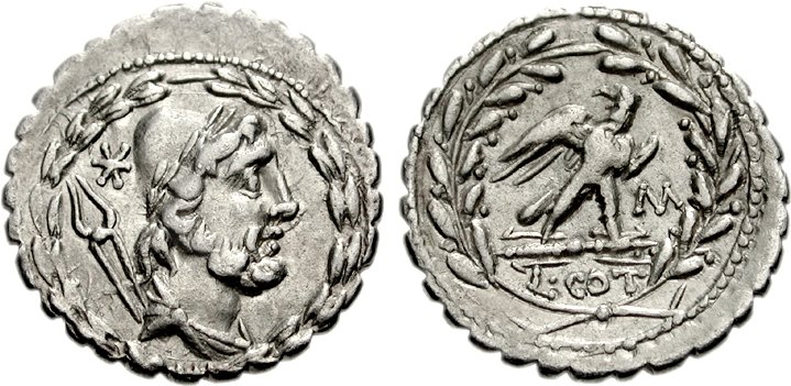 Side 1: head of Vulcan in a hat, with a pair of tongs and surrounded by laurels. Side 2: an eagle and laurels.