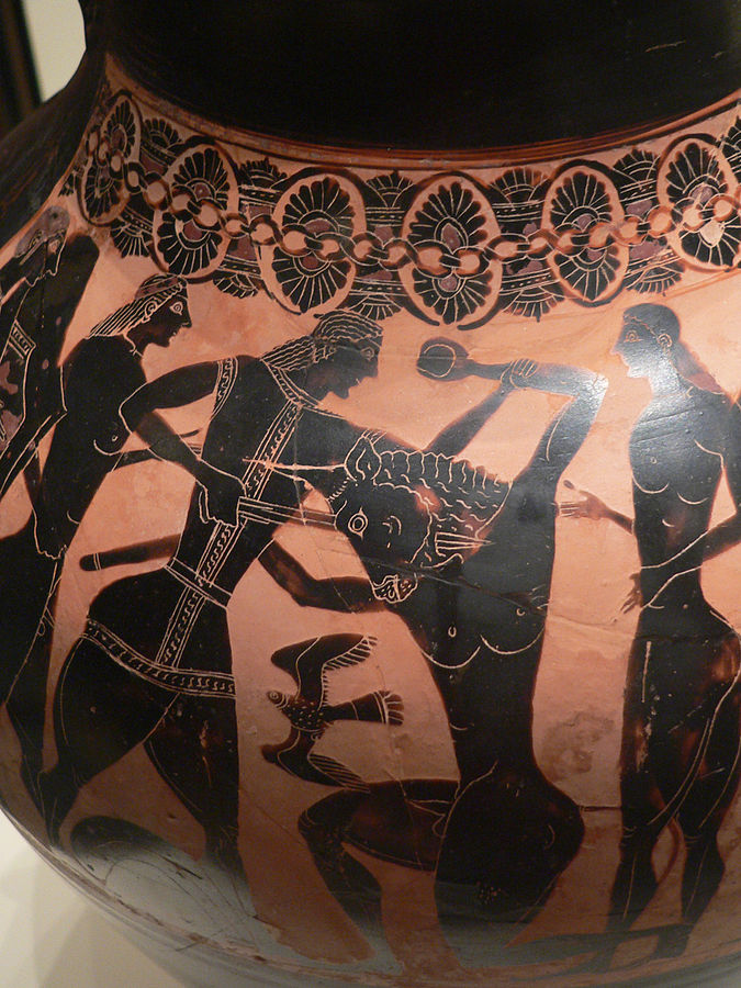 Theseus, with long hair and wearing a tunic, stabs the Minotaur. The Minotaur is on one knee with a hand up in the air. Youths stand on either side, and a bird flies below them.