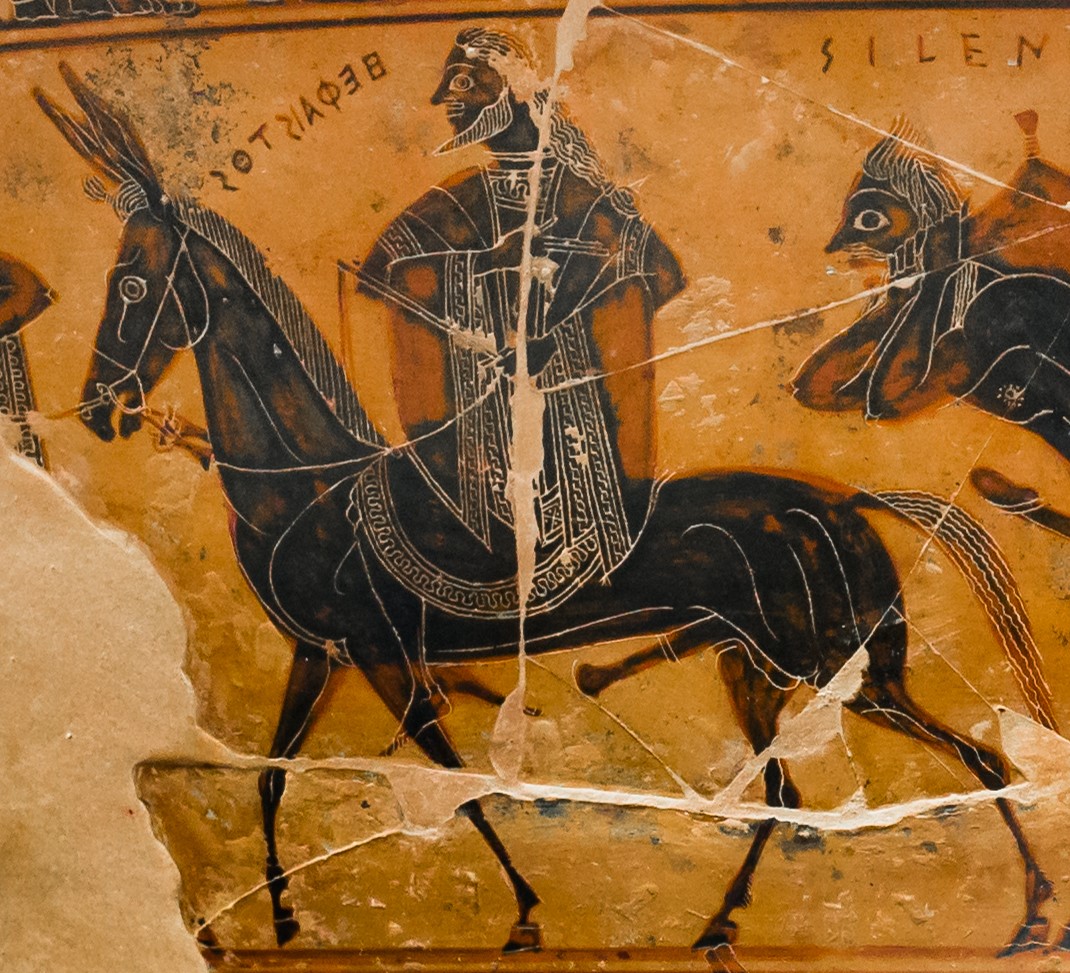 Hephaestus, robed and bearded, rides a mule. A silenus follows behind.