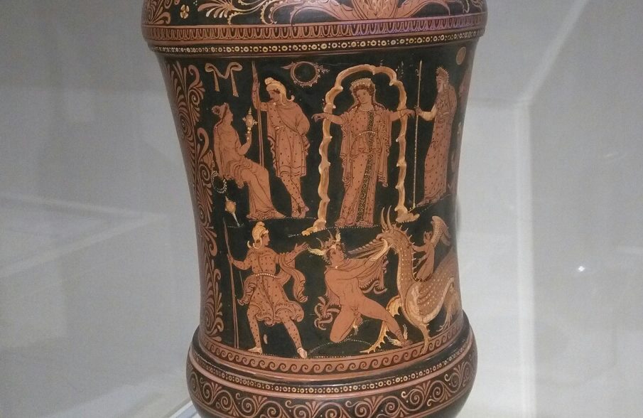 Bottom row: Perseus, nude with a chlamys, and winged hat and sandals, fights Cetus with his sword. Cetus is a serpentine, dragon-like monster. Above, Andromeda stands richly robed. Various figures, depicting suitors and family, stand around.