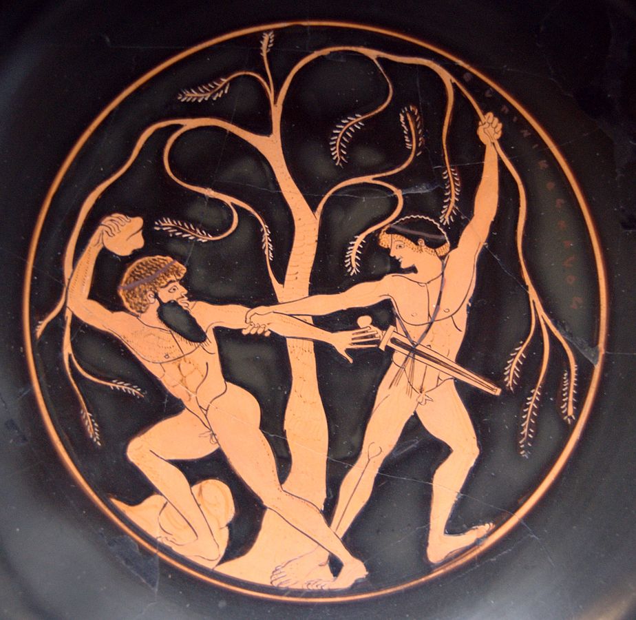 Theseus, nude with crown and a sword hung on his shoulder, grabs the branch of a pine tree with one hand and grabs Sinis' arm with the other. Sinis is a bearded, nude man.