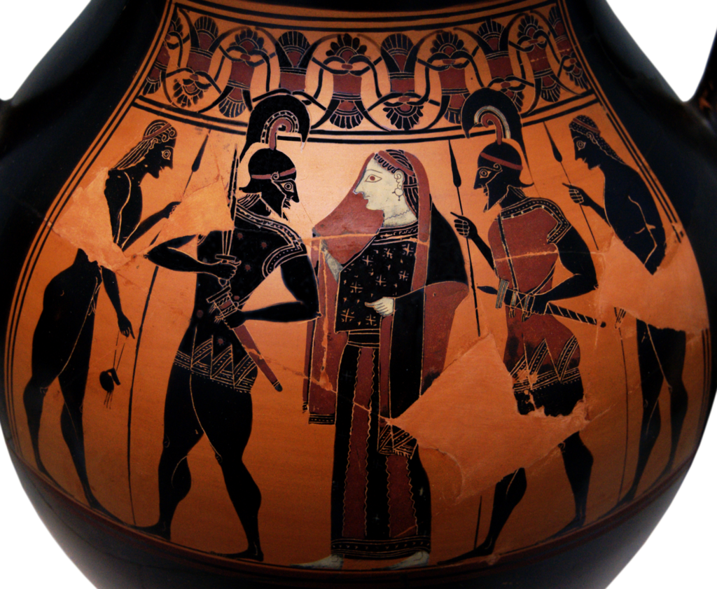Helen, wearing a veil, earrings, and patterned dress. Two warriors in Greek armor, and two nude warriors, flank Helen on either side.