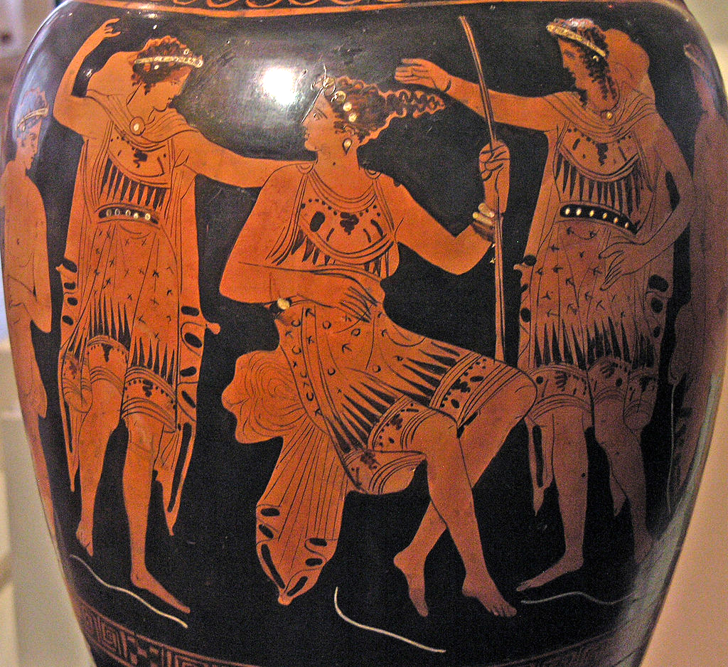 Atalanta, in a patterned tunic and jewelry, sits and holds a spear. She looks over her shoulder at Meleager, a similarly dressed young man. Another similar figure stands on her other side.