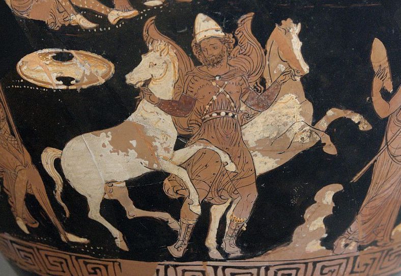 Odysseus, wearing a Phrygian cap, chlamys cape, and tunic, leads two horses.