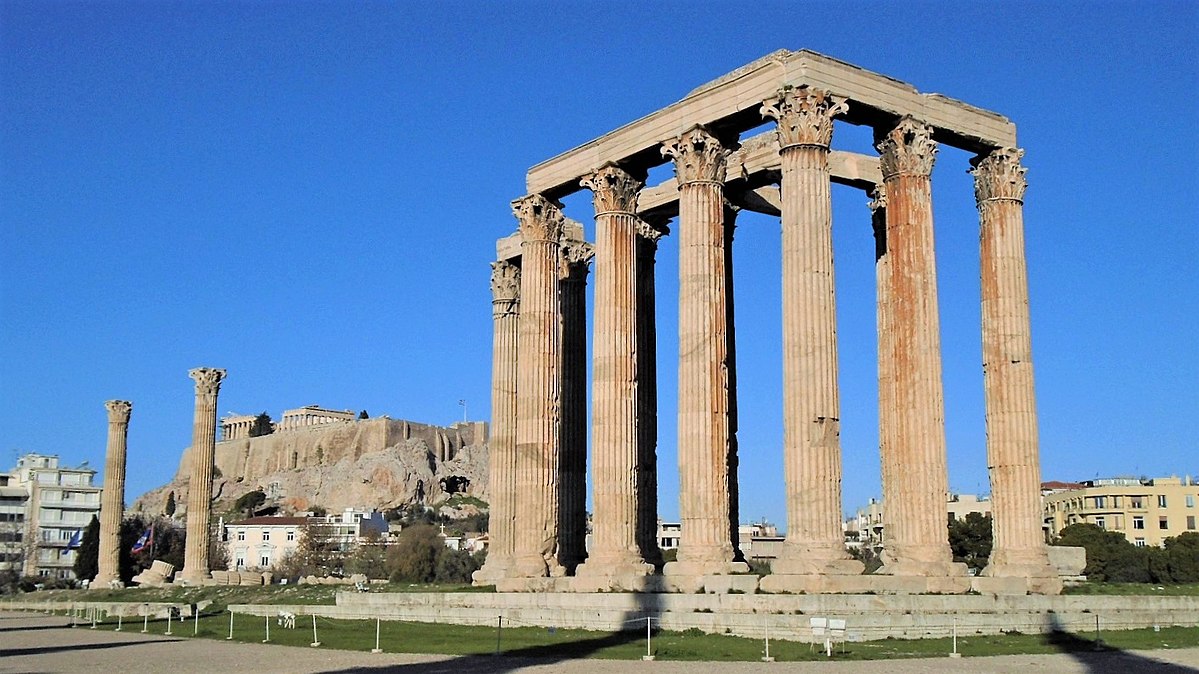 Archaeological remains of the temple of Zeus on the Acropolis. The remains comprise a columned portico of Corinthian order columns.
