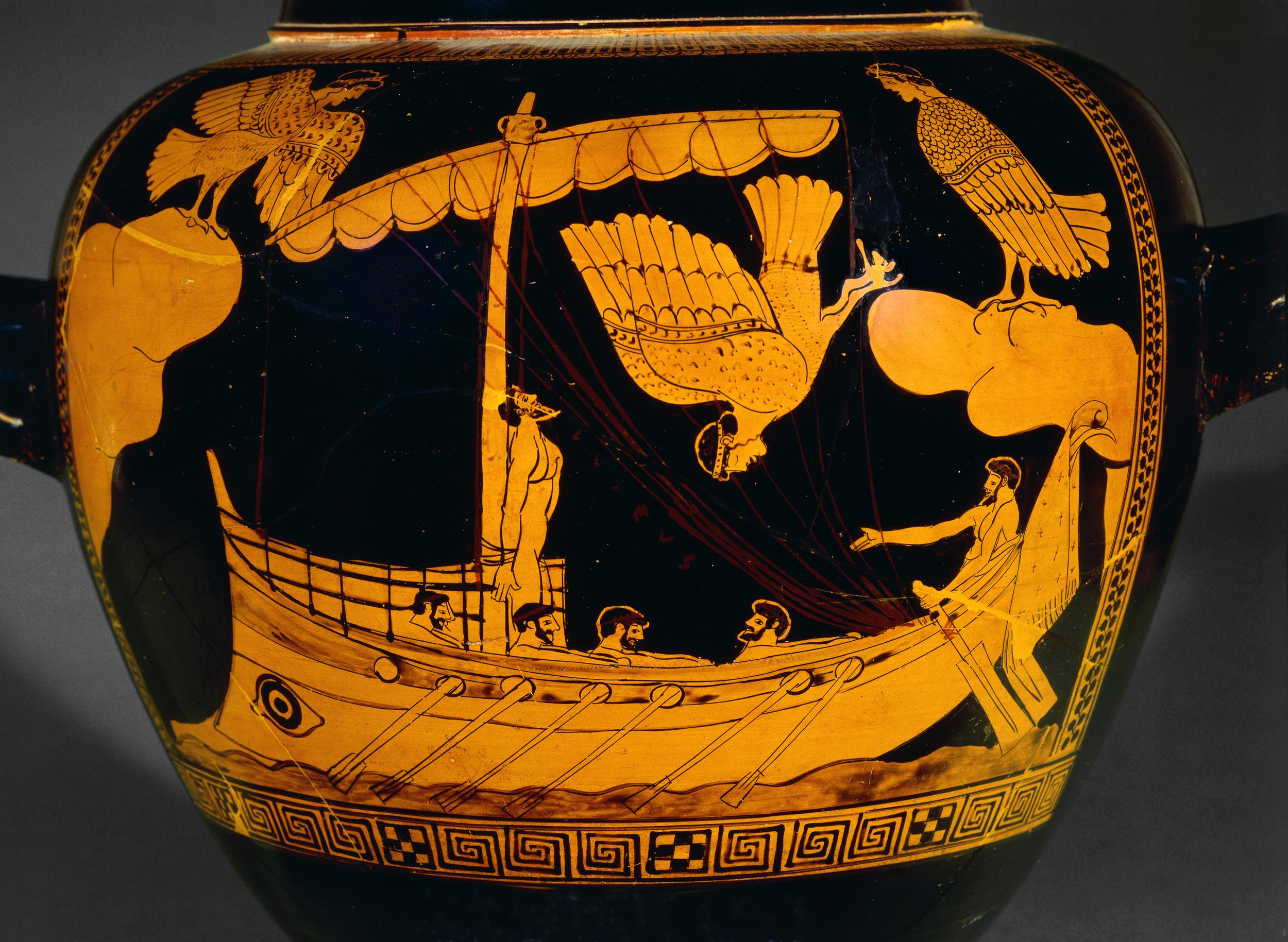 Odysseus stands on his ship, tied to the mast. Four crew members row, and one stands at the front of the ship acting as coxswain. Two sirens, large birds with the heads of young women, perch on cliffs on either side. Another siren dives down towards the ship.