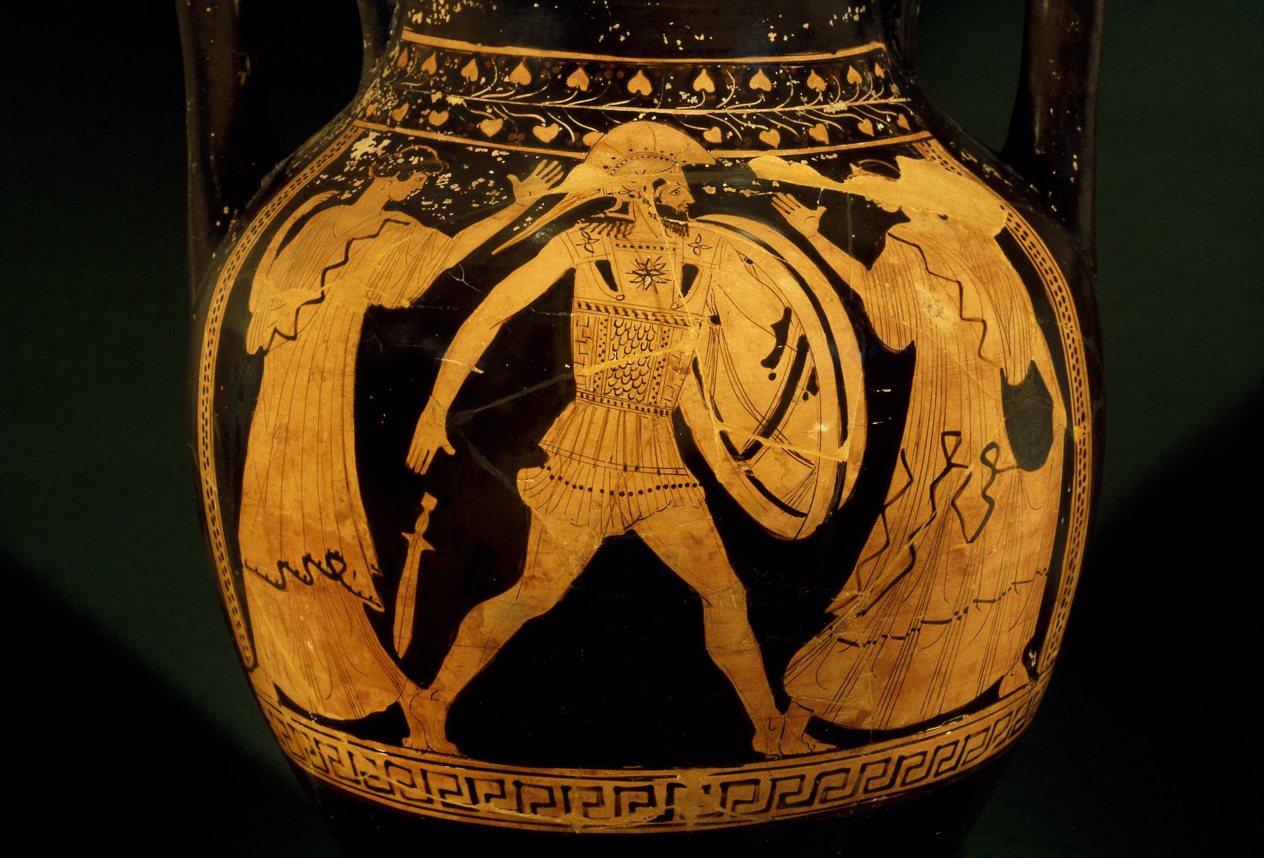 Menelaus chases Helen, while another woman flees in the other direction. Menelaus wears Greek armour with a helm and shield, and drops his sword in surprise. Helen wears a himation, and is turned back to look at Menelaus.