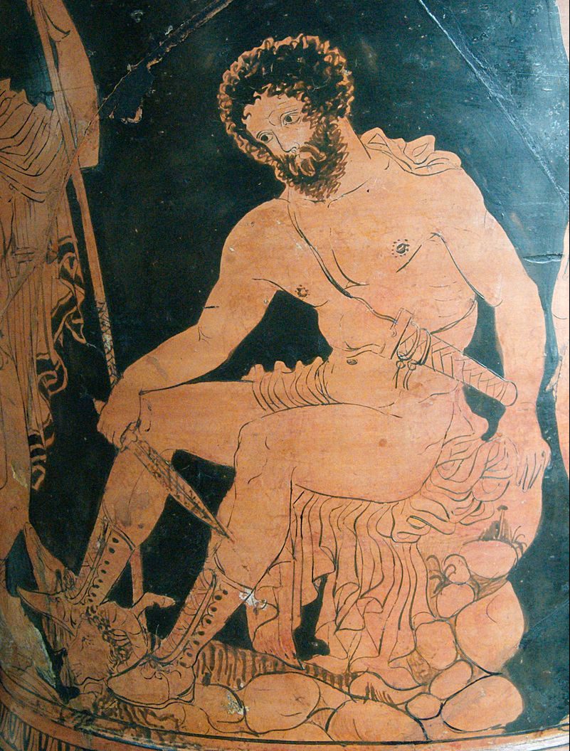 Odysseus, nude and bearded. He is seated on a pile of stones and holds a knife.