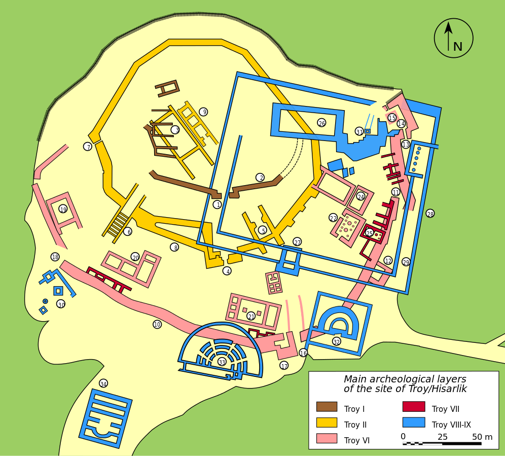 Map of Troy showing the archaeological layers of Troy 1, 2, 6, 7, 8, and 9. Layer 1 (in brown): only small partial walls marked on this layer. Layer 2 (in yellow): a circular inner citadel wall with stair, with an additional structure inside the wall. Layer 6 (in pink): a semi-circular outer wall with some adjacent buildings. Layer 7 (in red): Three small structures attached to the layer 6 wall. Layers 8 and 9 (in blue): a square inner and outer wall, overlapping with half of the layer 2 and layer 6 walls, as well as additional structures (including a theatre) both inside and outside the wall.